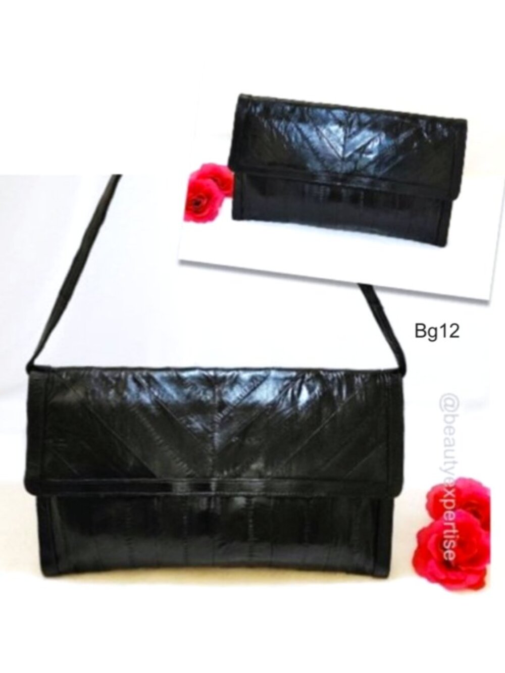 Vintage Genuine Eel Skin Leather Black Clutch Shoulder Bag Detachable Strap
